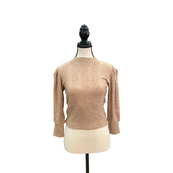 Band of Gypsies Ribbed Knit Puff Sleeve Cropped Sweater Beige XS - Picture 2 of 9